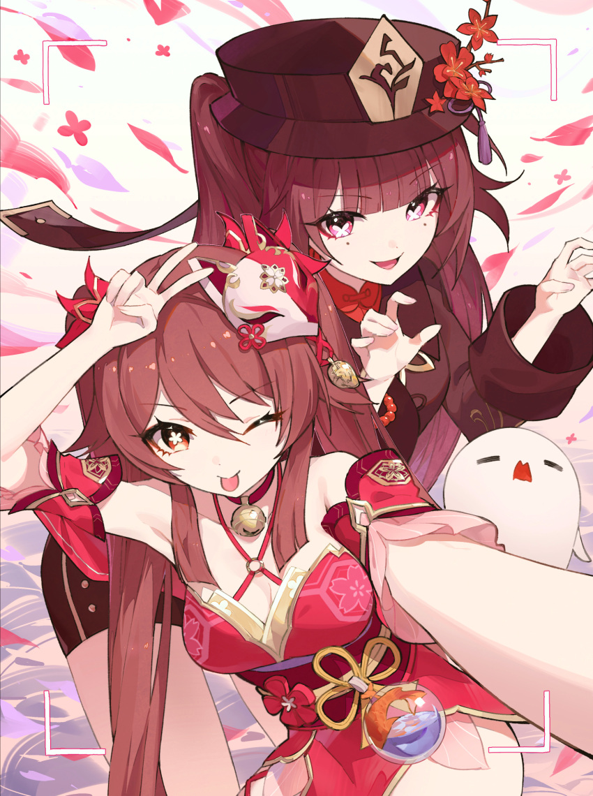 2girls bell black_hat black_shorts boo_tao_(genshin_impact) breasts brown_eyes brown_hair brown_shirt butterfly-shaped_pupils collar company_connection cosplay costume_switch flower-shaped_pupils fox_mask genshin_impact highres honkai:_star_rail honkai_(series) hu_tao_(genshin_impact) in-franchise_crossover japanese_clothes jingle_bell juffles kimono leaning_forward long_hair long_sleeves mask mask_on_head multiple_girls neck_bell one_eye_closed petals red_collar red_eyes red_kimono shirt short_shorts shorts small_breasts sparkle_(honkai:_star_rail) symbol-shaped_pupils tongue tongue_out twintails v
