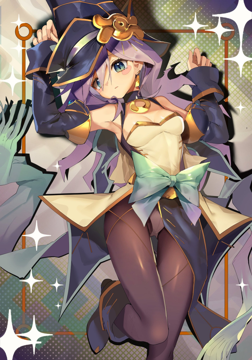 1girl bare_shoulders blue_bow blue_eyes bow breasts cleavage collarbone detached_sleeves dress duel_monster eye_of_horus hair_between_eyes hat highres long_hair long_sleeves medium_breasts nightmare_apprentice pantyhose purple_hair ro_g_(oowack) second-party_source solo witch_hat wizard_hat yu-gi-oh!