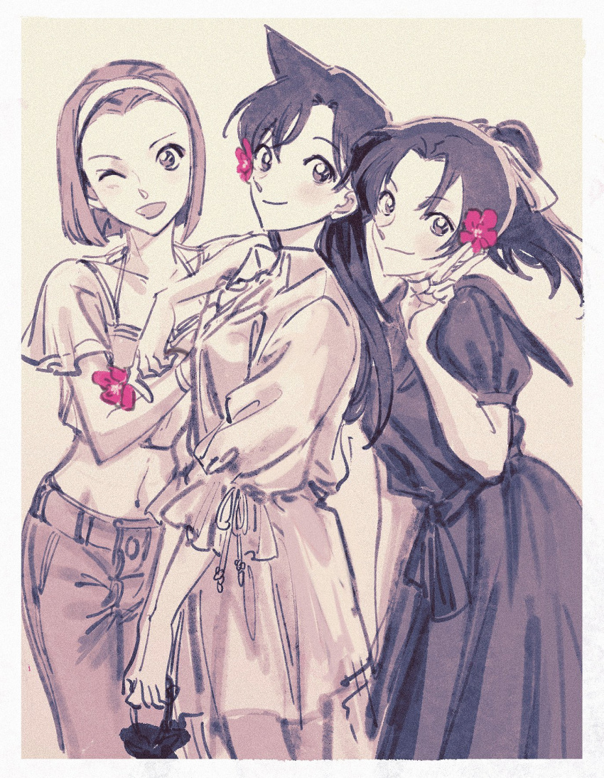 3girls ;) arm_on_another's_shoulder closed_mouth crop_top dress flower hair_flower hair_ornament hair_ribbon headband highres long_dress long_hair looking_at_viewer masso meitantei_conan mouri_ran multiple_girls one_eye_closed pants partially_colored ponytail red_flower ribbon short_hair short_sleeves smile suzuki_sonoko tooyama_kazuha v