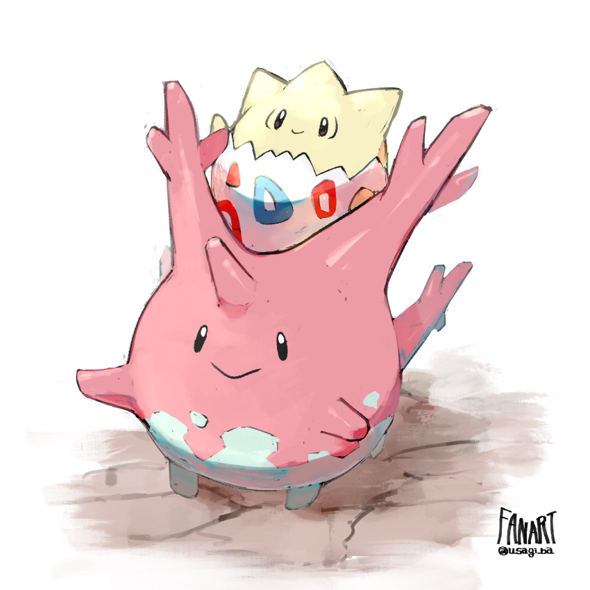 all_fours bishamon_(usagi_ba) black_eyes colored_skin corsola eggshell highres multicolored_skin on_head pink_skin pokemon pokemon_(creature) simple_background standing togepi twitter_username two-tone_skin white_background white_skin