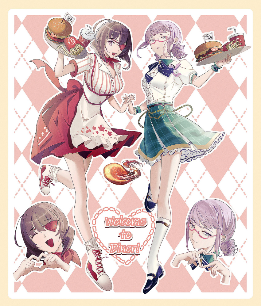 2girls absurdres argyle_background brown_hair burger drill_hair employee_uniform eyepatch fast_food fast_food_uniform food french_fries glasses heaven_burns_red highres higuchi_seika hiiragi_kozue interlocked_fingers kjhg1108 medium_hair multiple_girls one_eye_covered purple_hair skirt twin_drills uniform waitress