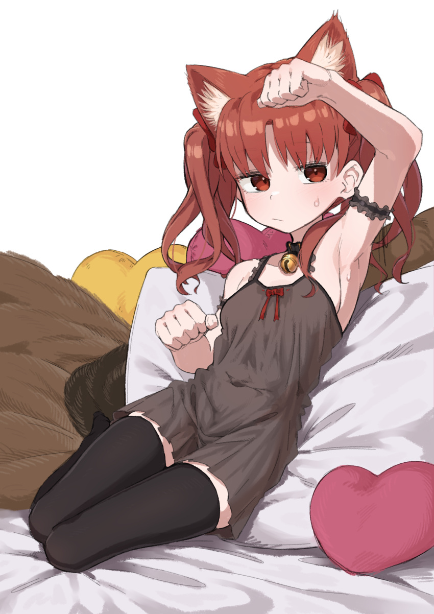 1girl :/ absurdres arm_up armpits bare_shoulders bell black_dress blush bow breasts brown_eyes cat_girl clenched_hands commentary_request covered_navel dress expressionless frown full_body hair_bow hand_up heart heart-shaped_pillow highres irokohaku kemonomimi_mode legs_together long_hair looking_at_viewer lying medium_hair neck_bell on_back on_pillow orange_eyes orange_hair paw_pose pillow red_bow shirai_kuroko sleeveless sleeveless_dress small_breasts solo thighhighs thighs toaru_kagaku_no_railgun toaru_majutsu_no_index twintails