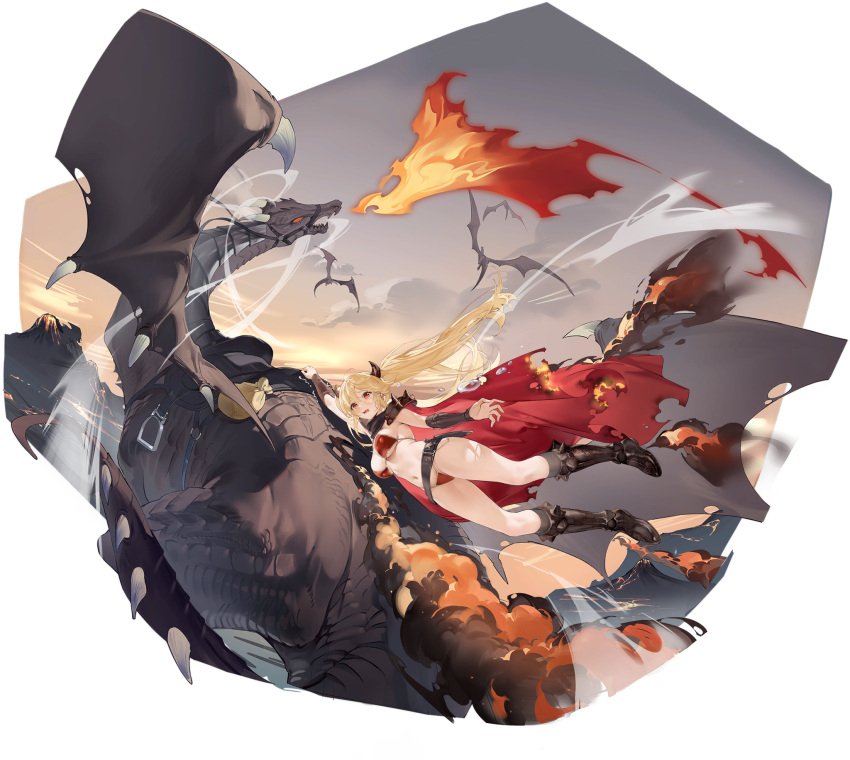 1girl armor armored_boots azur_lane belt bikini_armor blonde_hair bluecher_(azur_lane) boots breasts breath_weapon breathing_fire burning_clothes cape cloud cloudy_sky dagger dragon dragon_wings fire full_body gradient_sky highres horns knee_boots knife kurumi_(recycllamo) long_hair medium_breasts official_art open_mouth outdoors red_eyes shoulder_armor sky tears vambraces weapon wings