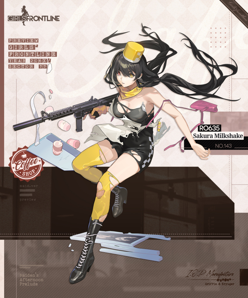 1girl apron artist_request bag bandana bandana_around_neck black_background black_dress black_footwear black_hair boots breasts broken brown_background chalkboard_sign character_name colt_9mm_smg commentary copyright_name cross-laced_footwear cup disposable_cup dress english_commentary english_text full_body girls'_frontline gloves gun handbag hat heterochromia high_heel_boots high_heels highres holding holding_gun holding_weapon kepi knee_boots lace-up_boots large_breasts long_hair looking_at_viewer low_twintails military_hat multicolored_background multicolored_hair official_alternate_costume official_art parted_lips pink_bag promotional_art red_eyes ro635_(girls'_frontline) ro635_(sakura_milkshake)_(girls'_frontline) sale second-party_source short_dress simple_background single_glove skindentation sleeveless sleeveless_dress spill standing standing_on_one_leg streaked_hair thighhighs torn_apron torn_clothes torn_dress torn_thighhighs tray trigger_discipline twintails v-shaped_eyebrows very_long_hair waitress weapon white_apron white_background white_hair yellow_bandana yellow_eyes yellow_gloves yellow_hat yellow_thighhighs