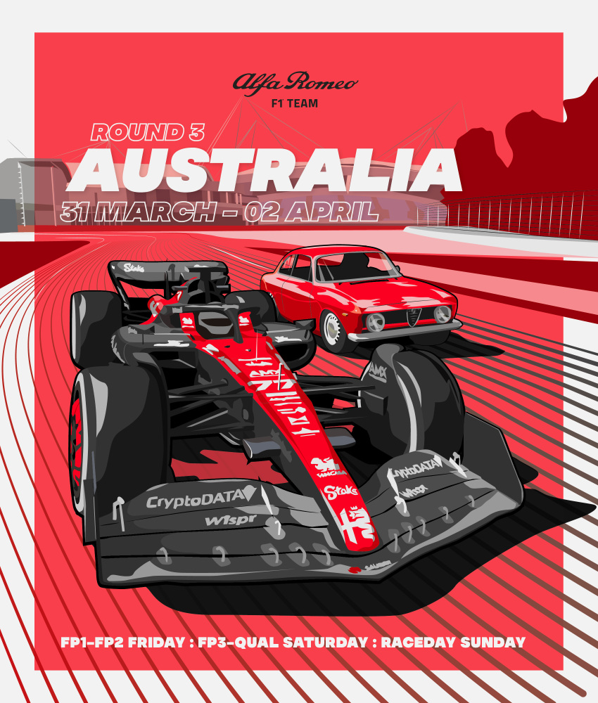 1boy absurdres alfa_romeo australia bridge car english_commentary formula_one formula_racer grey_helmet highres lafansujie logo motor_vehicle race_vehicle racecar real_life shadow spoiler_(automobile) valtteri_bottas vehicle_focus vehicle_request