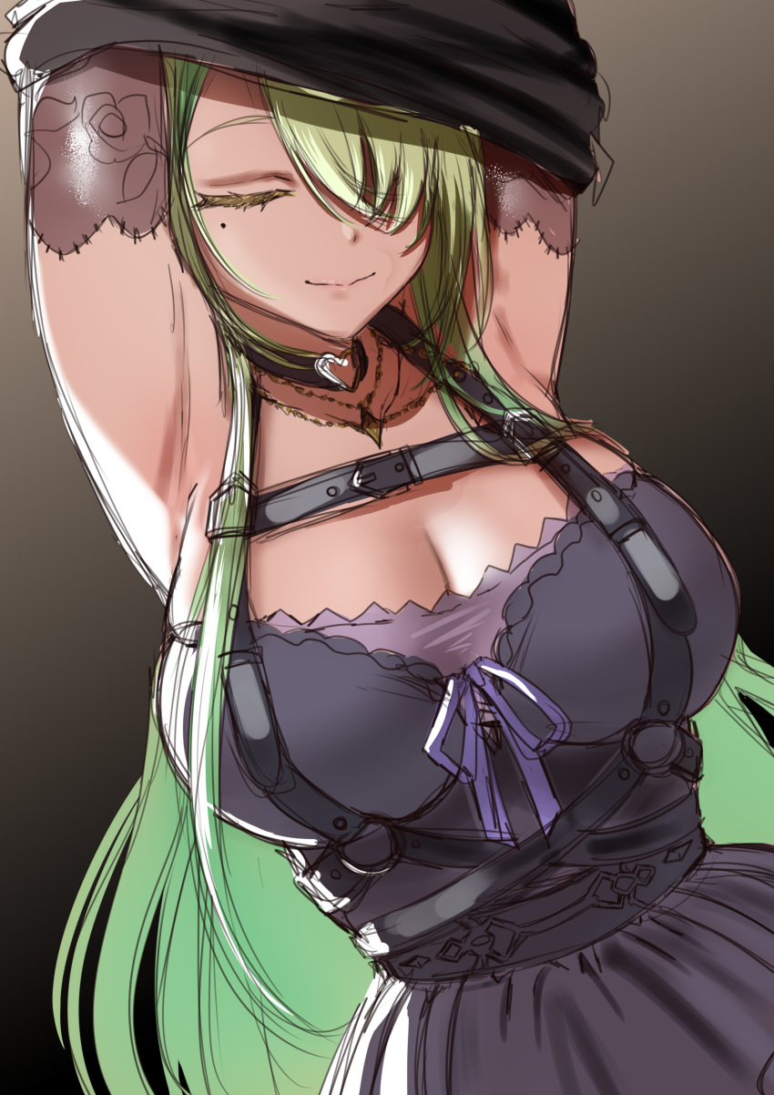 1girl absurdres armpits arms_up black_choker breasts ceres_fauna ceres_fauna_(goth) choker cleavage closed_eyes dress elbow_gloves frilled_dress frills gloves gradient_background green_hair hair_over_one_eye heart heart_choker highres hololive hololive_english jewelry large_breasts long_hair mole mole_under_eye necklace official_alternate_costume redi_(rasec_asdjh) revision sketch smile undressing virtual_youtuber