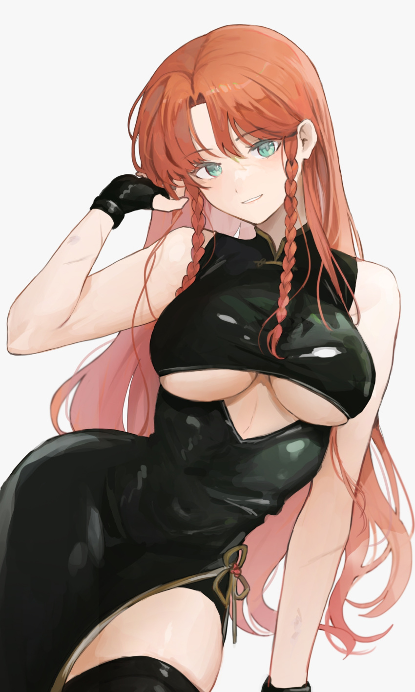 1girl alternate_costume black_dress black_gloves black_thighhighs braid breasts dress fingerless_gloves gloves green_eyes highres hong_meiling large_breasts long_hair looking_at_viewer open_mouth red_hair sarukana simple_background sleeveless sleeveless_dress smile solo thighhighs touhou twin_braids underboob white_background