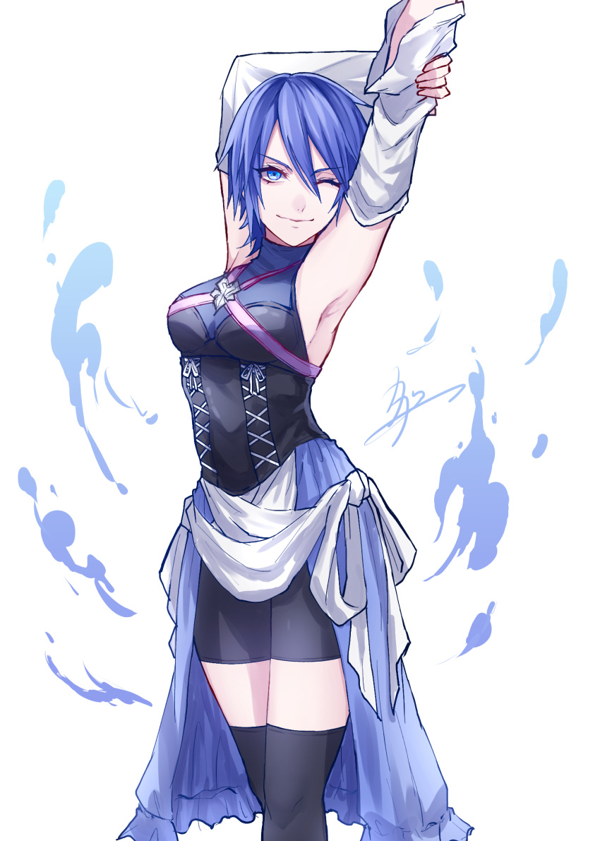 1girl aqua_(kingdom_hearts) armpits arms_up bike_shorts black_thighhighs blue_eyes blue_hair breasts commentary_request highres kagachi_118 kingdom_hearts medium_breasts medium_hair one_eye_closed simple_background solo standing thighhighs white_background