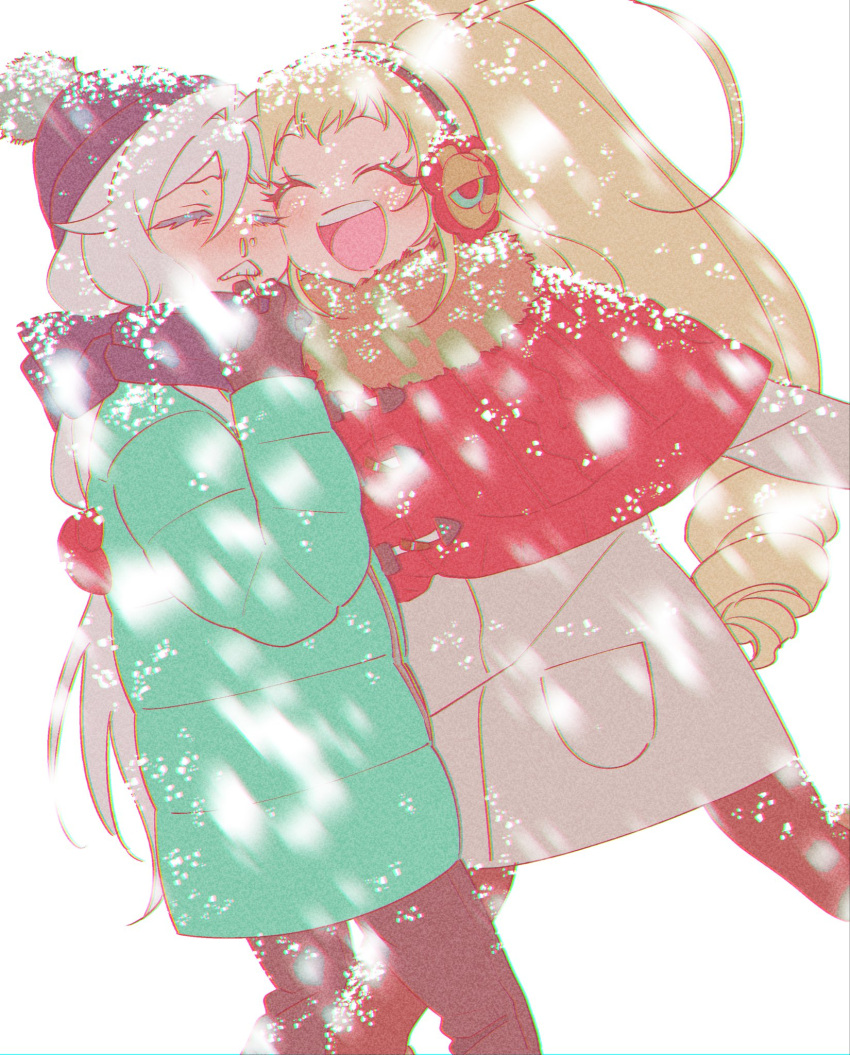 2girls :d ^_^ anchiki_shou archived_source bad_id bad_twitter_id beanie blizzard blonde_hair brown_pants brown_scarf capelet closed_eyes coat cold earmuffs frown green_coat hair_between_eyes hair_intakes hands_up hat heads_together highres kagayaki_alice kiratto_pri_chan long_hair mittens multiple_girls open_mouth pants pom_pom_(clothes) pretty_series red_capelet scarf side_ponytail smile snot snow snowing solulu standing very_long_hair white_background white_coat white_hair winter_clothes