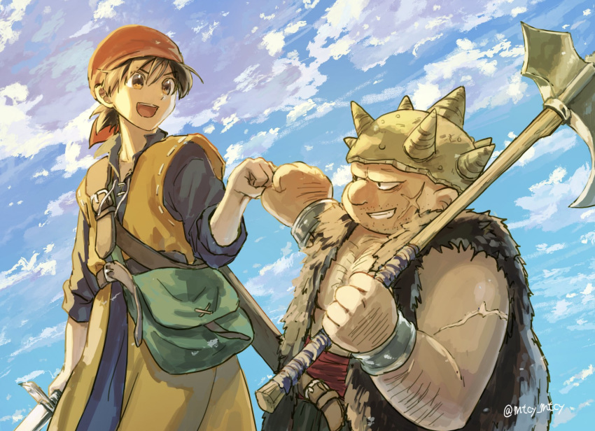 2boys :d axe bandana belt blue_sky brown_eyes brown_hair cloud commentary_request dragon_quest dragon_quest_viii fist_bump green_bag hero_(dq8) highres holding holding_axe holding_sword holding_weapon macho_ojiji male_focus multiple_boys open_mouth orange_bandana outdoors scar scar_on_arm scar_on_face short_hair sky smile spiked_helmet sword teeth upper_teeth_only weapon yangus