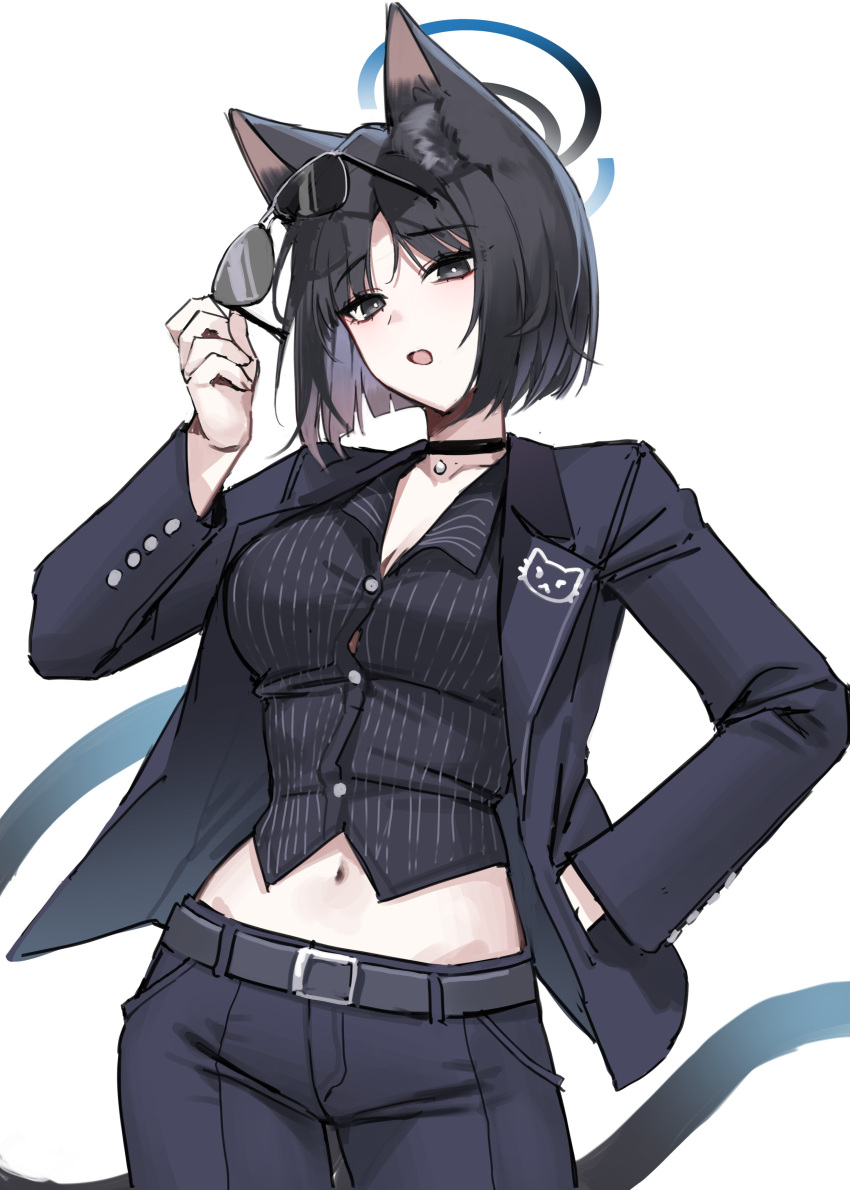 1girl :o absurdres adjusting_eyewear alternate_costume animal_ears belt black_belt black_coat black_eyes black_hair black_pants black_shirt blue_archive breasts cat_ears cat_girl cleavage coat commentary halo hand_on_own_hip highres kikyou_(blue_archive) lapels long_sleeves looking_at_viewer medium_breasts midriff multiple_tails navel nekomata open_mouth pants parted_bangs raki_kr shirt short_hair simple_background solo symbol-only_commentary tail two_tails white_background