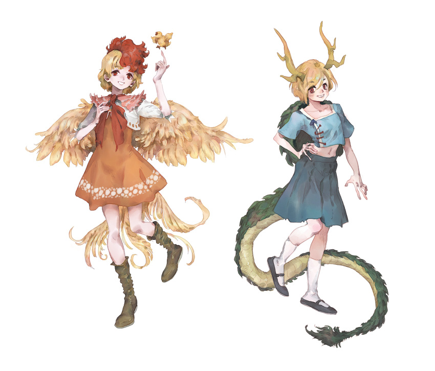 2girls absurdres antlers bird bird_tail bird_wings black_footwear blonde_hair blue_dress blue_skirt boots brown_footwear chick commentary_request dragon_girl dragon_horns dragon_tail dress feathered_wings grin hand_on_own_hip highres horns kicchou_yachie long_skirt mary_janes midriff momijigari multicolored_hair multiple_girls navel neckerchief niwatari_kutaka orange_dress red_eyes red_hair red_neckerchief shirt shoes short_sleeves simple_background skirt smile socks tail touhou turtle_shell two-tone_hair white_background white_shirt white_socks wily_beast_and_weakest_creature wings yellow_horns yellow_wings