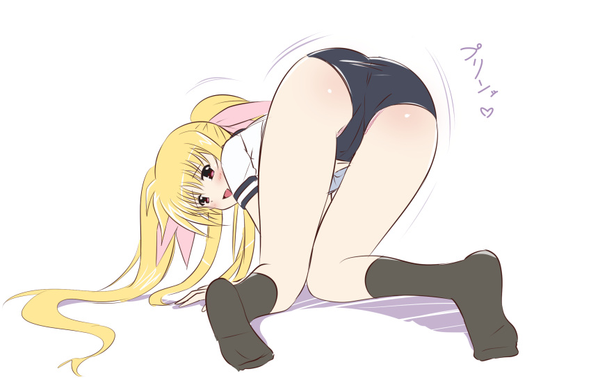 1girl achanpuni ass black_socks blonde_hair blue_buruma blush buruma fate_testarossa hair_ribbon highres long_hair looking_at_viewer looking_back lyrical_nanoha mahou_shoujo_lyrical_nanoha_strikers open_mouth panties pink_panties red_eyes ribbon simple_background smile socks solo top-down_bottom-up underwear white_background