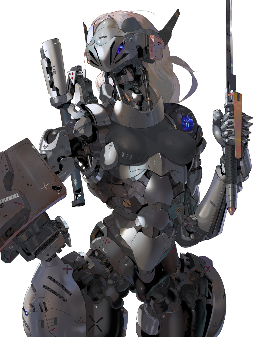 1girl absurdres blue_eyes breasts hand_on_own_hip highres holding holding_sword holding_weapon humanoid_robot joints machine medium_breasts original piston robot robot_joints shield sword weapon white_background white_hair yunimaru
