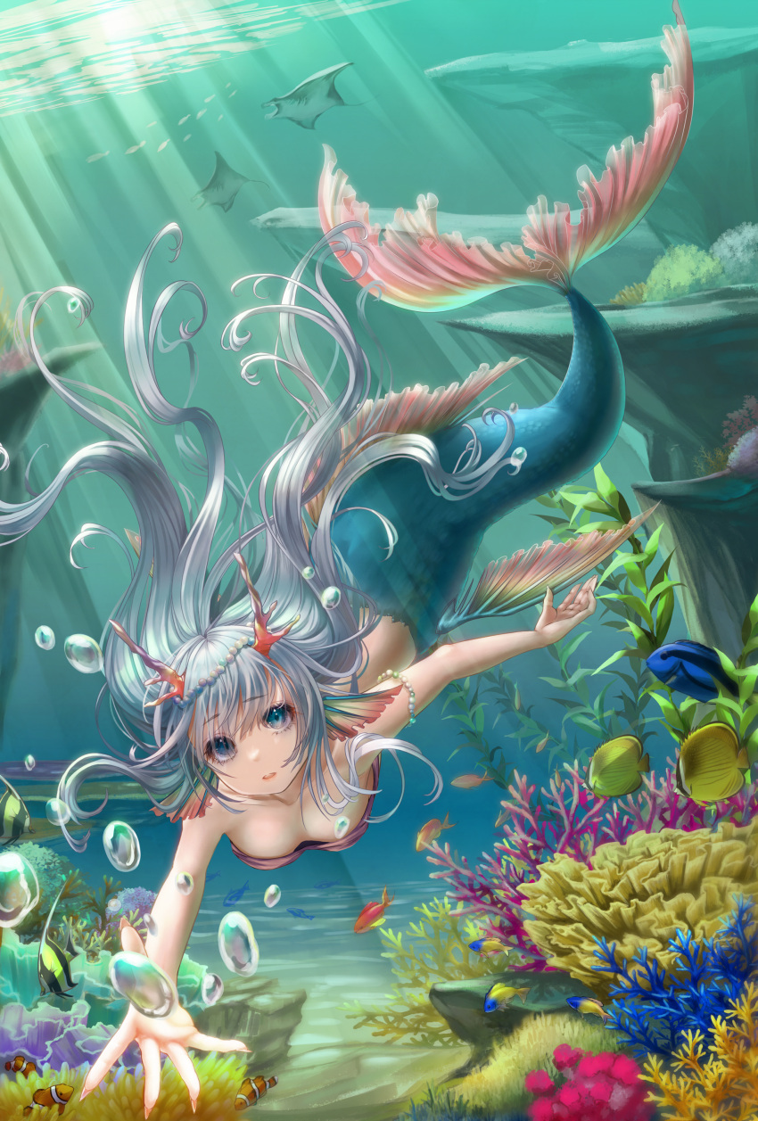 1girl absurdres air_bubble aqua_eyes bubble coral coral_hair_ornament fins fish grey_hair head_fins highres long_hair looking_at_viewer mermaid monster_girl nina_(maurururoa) original outstretched_arm seafloor solo underwater