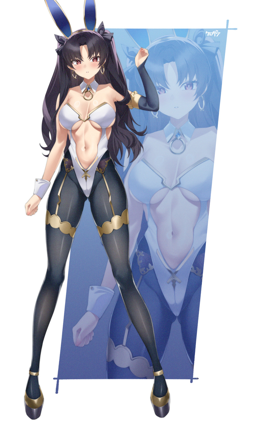 1girl absurdres animal_ears bare_shoulders black_hair black_pantyhose blush breasts center_opening cleavage detached_collar detached_sleeves earrings fake_animal_ears fate/grand_order fate_(series) full_body gold_trim hair_ribbon high_heels highleg highleg_leotard highres hoop_earrings ishtar_(fate) jewelry kurozawa_yui large_breasts leotard long_hair looking_at_viewer navel pantyhose parted_bangs playboy_bunny rabbit_ears red_eyes ribbon single_detached_sleeve smile solo two_side_up white_leotard wrist_cuffs