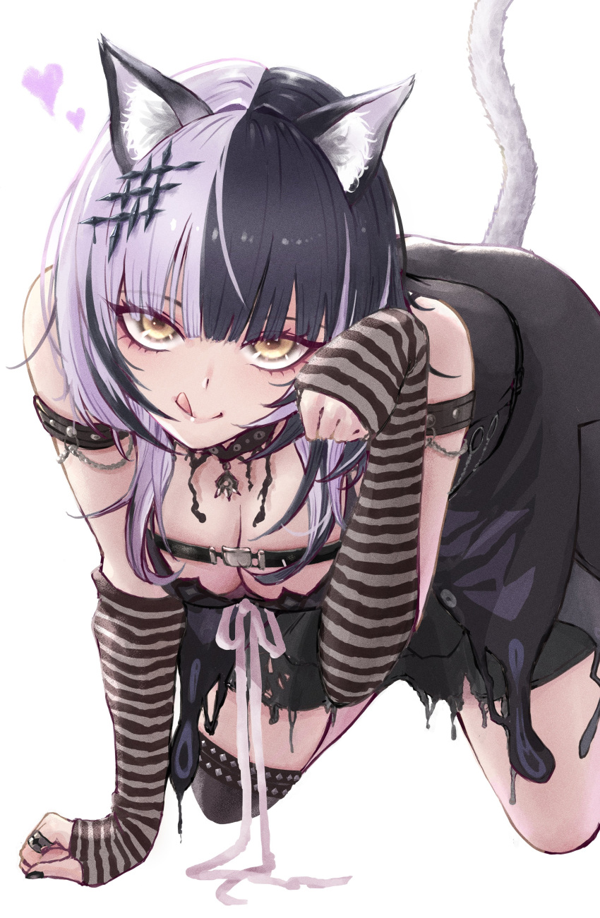 1girl absurdres animal_ears black_choker black_dress black_hair black_nails blush breasts cat_ears cat_tail choker cleavage dress grey_hair hair_ornament heart highres hololive hololive_english jewelry lace lace_choker long_hair looking_at_viewer medium_breasts multicolored_hair ring shiori_novella shiori_novella_(1st_costume) smile solo split-color_hair spoken_heart tail tomozoo83 tongue tongue_out two-tone_hair virtual_youtuber yellow_eyes