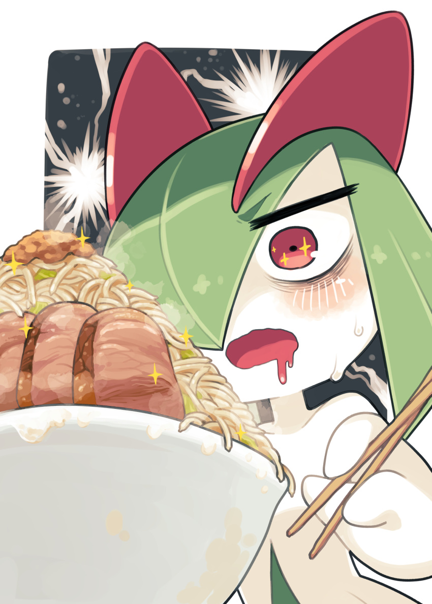 bags_under_eyes bowl chopsticks colored_skin food green_hair hair_over_one_eye highres horns ino_(tellu0120) kirlia meat multicolored_skin pink_eyes pokemon pokemon_(creature) saliva sidelocks sweatdrop two-tone_skin white_skin