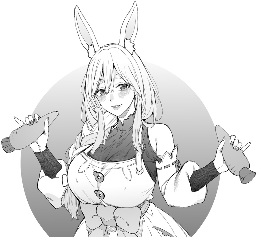 1girl animal_ears azukiko braid breasts carrot food greyscale highres holding holding_carrot holding_food holding_vegetable hololive hololive_english long_hair looking_at_viewer mature_female monochrome pekomama rabbit_ears rabbit_girl sexually_suggestive smile vegetable virtual_youtuber