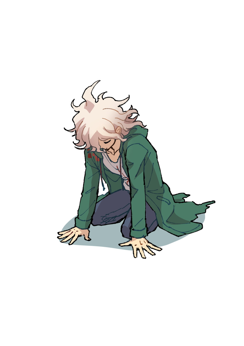 1boy absurdres black_pants danganronpa_(series) danganronpa_2:_goodbye_despair green_jacket grey_background grey_hair highres jacket komaeda_nagito long_sleeves male_focus medium_hair messy_hair open_clothes open_jacket pants shirt simple_background sitting solo torn_clothes torn_jacket youko-shima