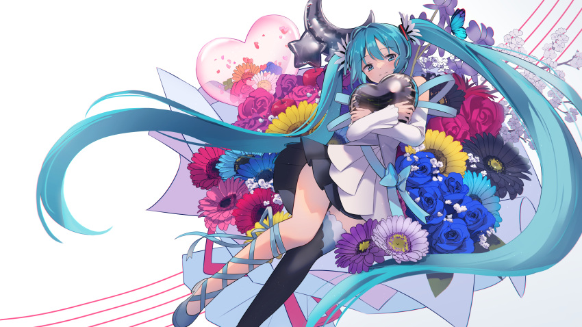 1girl absurdres aqua_flower asymmetrical_legwear balloon bare_shoulders black_footwear black_thighhighs blue_bow blue_eyes blue_flower blue_footwear blue_hair blue_ribbon blue_rose bouquet bow commentary_request detached_sleeves dress floating_hair flower foot_out_of_frame hatsune_miku heart_balloon highres hugging_object iluka_(ffv7) layered_skirt leg_ribbon light_blush long_hair looking_at_viewer pink_flower pink_rose purple_flower purple_rose red_flower ribbon rose shoes single_thighhigh skirt smile solo star_balloon thighhighs thighs twintails very_long_hair vocaloid white_background white_dress white_flower yellow_flower