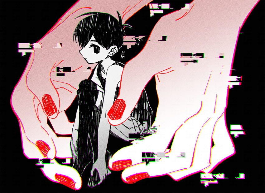 1boy bare_arms bare_shoulders black_background black_eyes black_hair black_tank_top black_thighhighs colored_skin distortion expressionless floating full_body glitch hands_on_own_feet knees_up looking_at_viewer male_focus no_pupils omori omori_(omori) out_of_frame red_nails short_hair simple_background size_difference tank_top thighhighs toastytoast white_skin