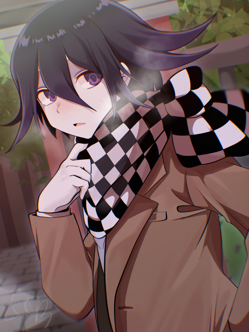 1boy 345_myk absurdres alternate_costume black_hair blush brown_jacket checkered_clothes checkered_scarf d: danganronpa_(series) danganronpa_v3:_killing_harmony day flipped_hair from_side hair_between_eyes hand_up highres hope's_peak_academy_school_uniform jacket long_sleeves looking_at_viewer looking_to_the_side oma_kokichi outdoors purple_eyes scarf school_uniform solo stone_floor tree