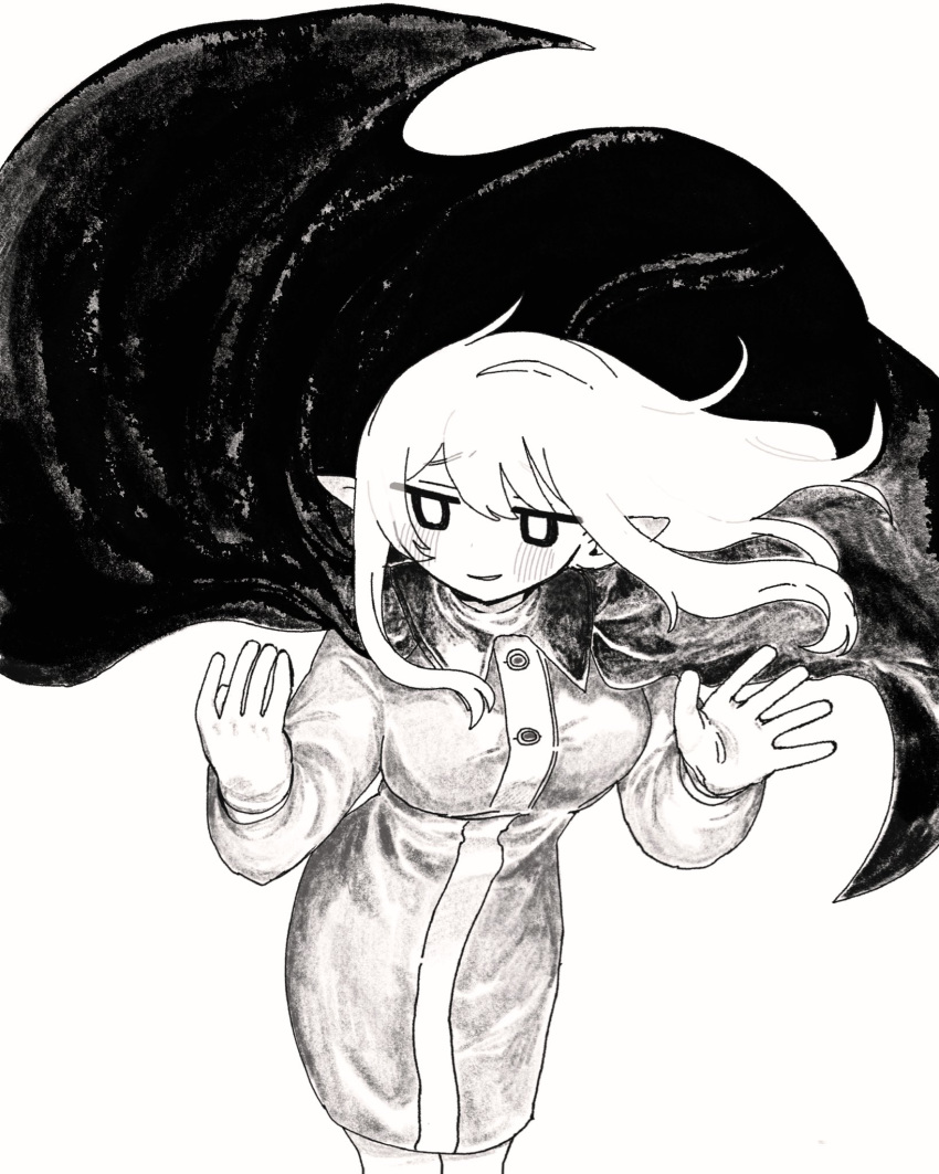 1girl arms_up cape floating_cape floating_hair greyscale highres light_smile long_coat long_hair monochrome oka_(okakanoka) original pointy_ears sidelocks simple_background solo standing