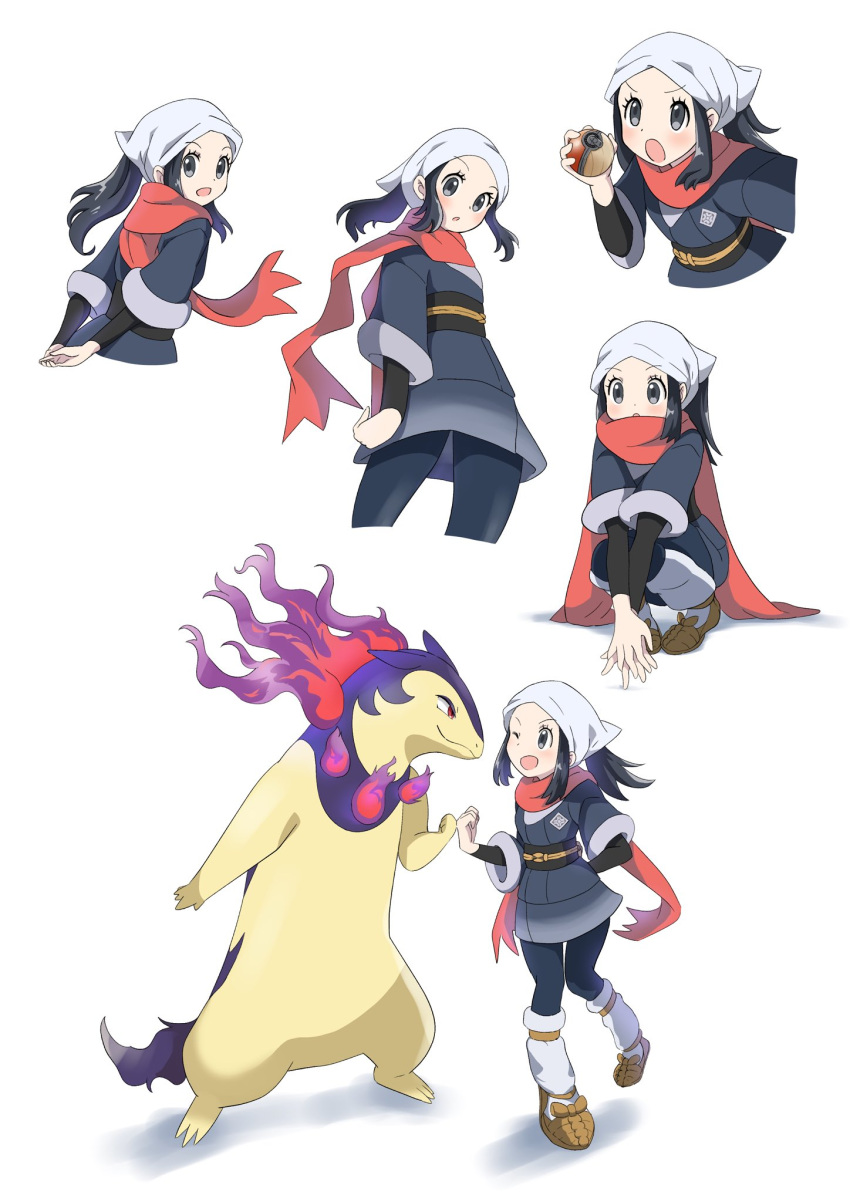 1girl :d akari_(pokemon) black_hair commentary_request english_commentary eyelashes fire fist_bump galaxy_expedition_team_survey_corps_uniform grey_eyes head_scarf highres hisuian_typhlosion holding holding_poke_ball long_hair marie_(marie_cookie222) mixed-language_commentary multiple_views one_eye_closed open_mouth poke_ball poke_ball_(legends) pokemon pokemon_(creature) purple_fire red_eyes red_scarf sandals scarf simple_background smile squatting standing white_background white_scarf