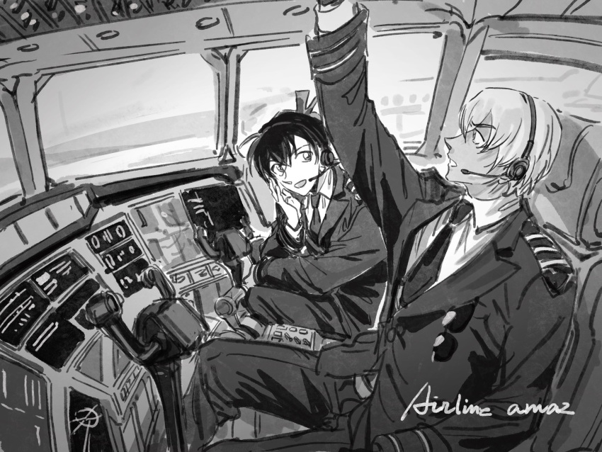 2boys aircraft airplane airplane_interior amuro_tooru arm_up greyscale hair_between_eyes headset highres kudou_shin'ichi looking_at_another looking_up male_focus masso meitantei_conan monochrome multiple_boys necktie profile short_hair smile sunglasses