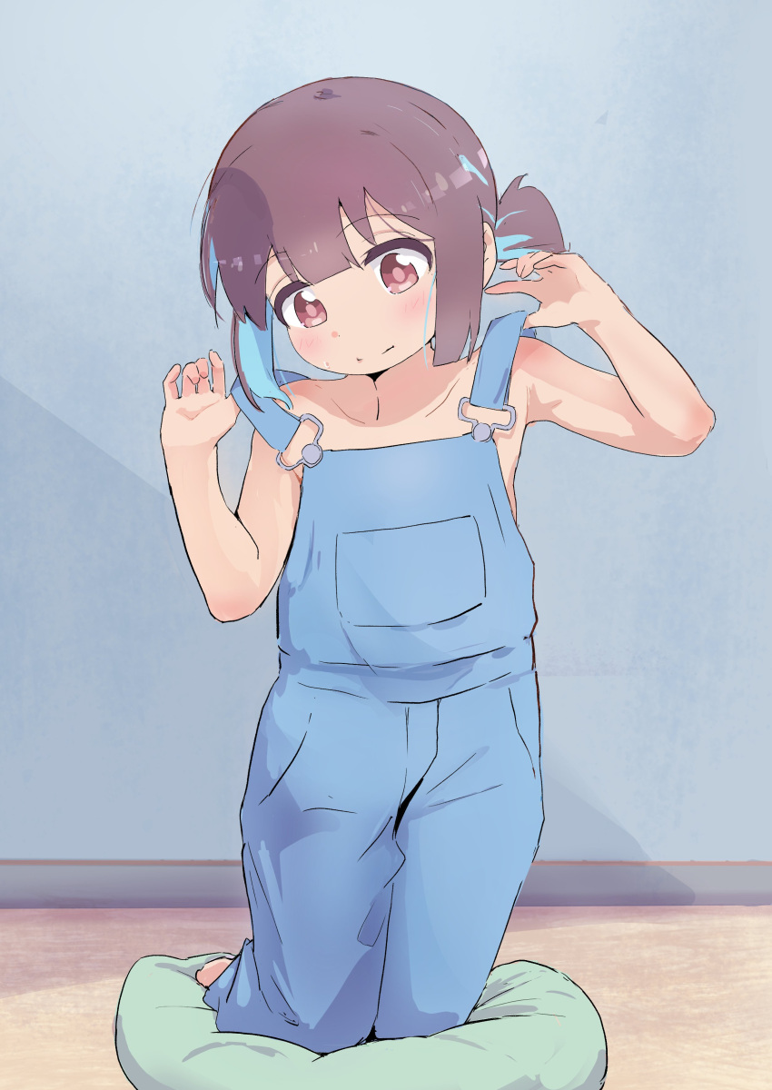 1girl absurdres bare_arms bare_shoulders blue_hair blunt_bangs blunt_ends blush brown_eyes brown_hair commentary cushion flat_chest highres holding_strap hozuki_momiji indoors kneeling multicolored_hair murairamuraiari naked_overalls onii-chan_wa_oshimai! overalls short_hair short_ponytail solo two-tone_hair zabuton