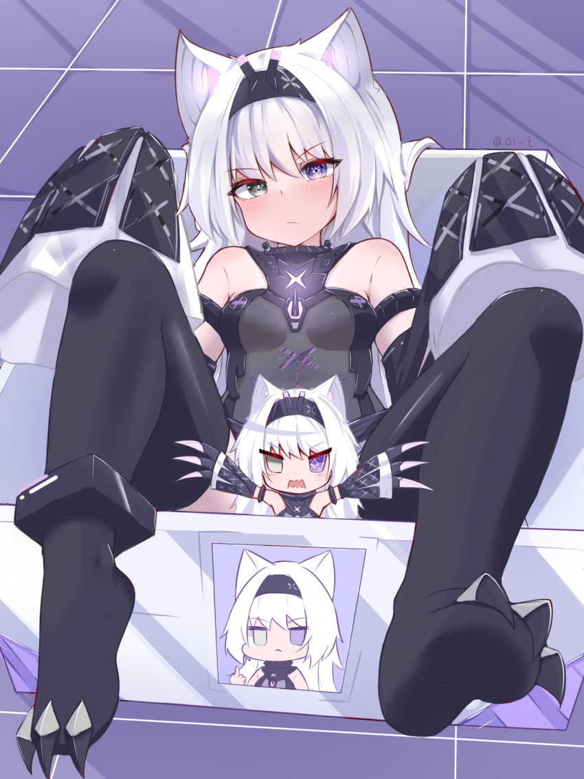 animal_ears armlet bare_shoulders black_bodysuit black_hairband black_sleeves black_thighhighs bodysuit box breasts chibi claws detached_sleeves grey_eyes grey_hair grey_sleeves hair_intakes hairband heterochromia highres in_box in_container layered_sleeves ling_yi_i long_hair looking_at_viewer middle_finger mismatched_pupils no.21:_feral_scent_(punishing:_gray_raven) no.21_(punishing:_gray_raven) punishing:_gray_raven purple_eyes sidelocks sleeveless sleeveless_bodysuit sleeves_past_fingers sleeves_past_wrists small_breasts symbol-shaped_pupils thighhighs white_hair wolf_ears