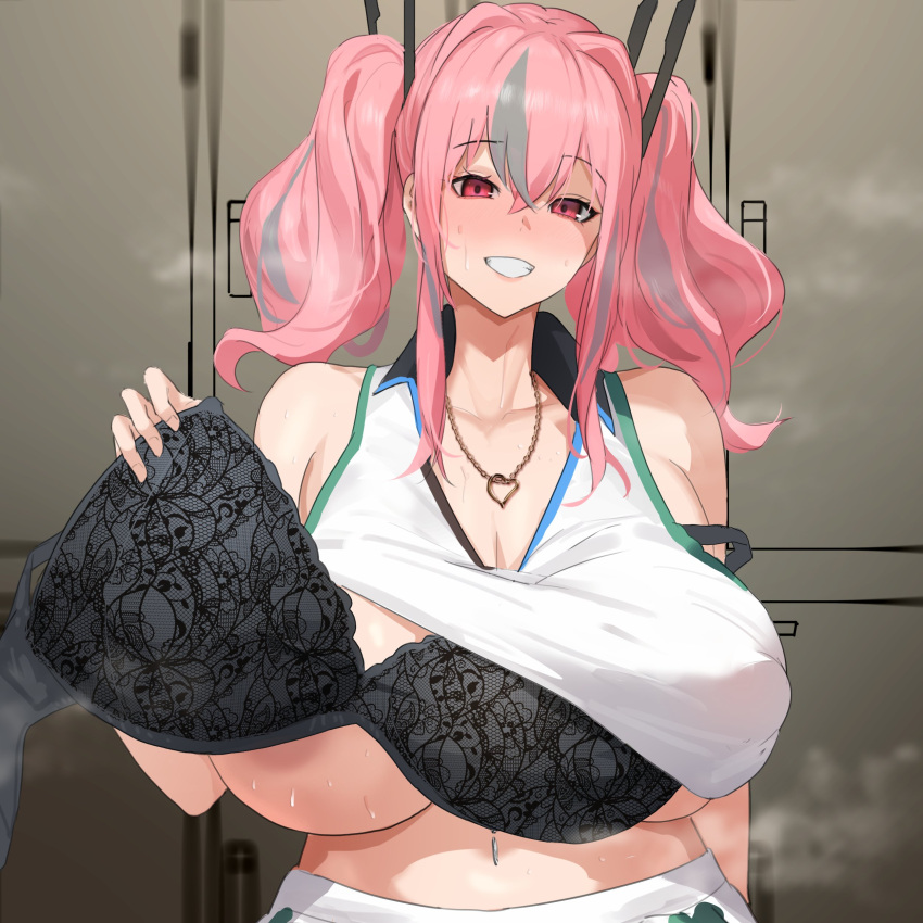 1girl absurdres aji_(sakanaaj1) areola_slip azur_lane black_bra bra breasts bremerton_(azur_lane) bremerton_(scorching-hot_training)_(azur_lane) crop_top crop_top_overhang heart heart_necklace highres holding holding_bra holding_clothes holding_underwear huge_breasts jewelry lace-trimmed_bra lace_trim looking_at_viewer multicolored_hair necklace official_alternate_costume pink_hair red_eyes removing_bra shirt sleeveless sleeveless_shirt smile sportswear strap_slip streaked_hair sweat tennis_uniform twintails two-tone_shirt underwear upper_body