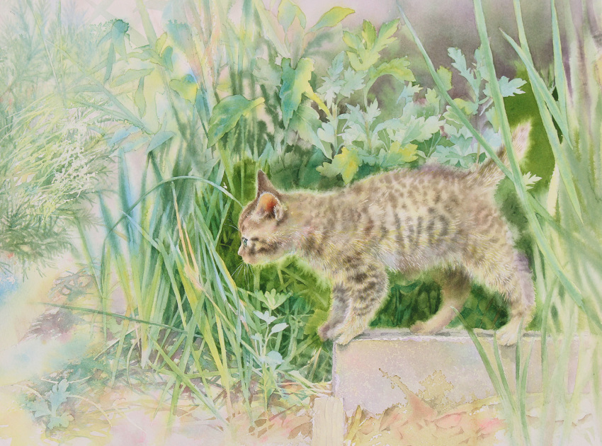 animal animal_focus cat from_side grass herb kitten no_humans original painting_(medium) plant sato_masuki tall_grass traditional_media watercolor_(medium) weeds yu_grassbird