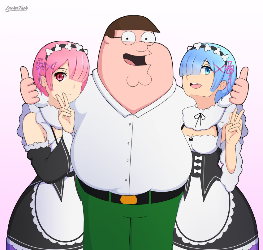 1boy 2girls absurdres apron belt black_belt black_dress blue_eyes blue_hair breasts brown_hair cleavage cleft_chin double_thumbs_up dress family_guy fat fat_man glasses green_pants hair_ornament hair_over_one_eye highres lackatask maid maid_apron maid_headdress multiple_girls open_mouth pants peter_griffin photo-referenced pink_eyes pink_hair pink_ribbon ram_(re:zero) re:zero_kara_hajimeru_isekai_seikatsu rem_(re:zero) ribbon roswaal_mansion_maid_uniform round_eyewear shirt thumbs_up v white_apron white_background white_shirt x_hair_ornament