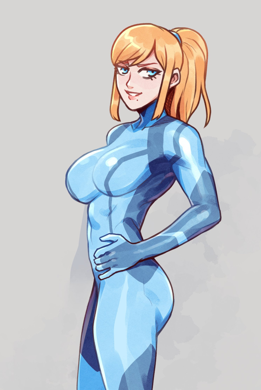 1girl bimbofication blonde_hair blue_eyes brellom hairband hand_on_own_hip highres looking_at_viewer metroid ponytail samus_aran simple_background skin_tight smug zero_suit