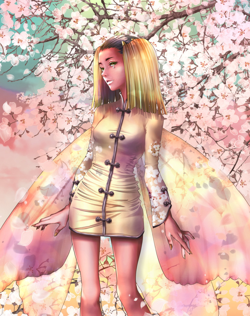 1girl absurdres black_hair blonde_hair cherry_blossoms chinaisobad clothing_request colored_skin commentary_request eyelashes fairy fairy_wings green_eyes heart heart-shaped_pupils highres hua_po_(megami_tensei) medium_hair multicolored_background multicolored_hair multiple_wings red_skin shin_megami_tensei single_tear solo standing symbol-shaped_pupils tree two-tone_hair wings yellow_nails