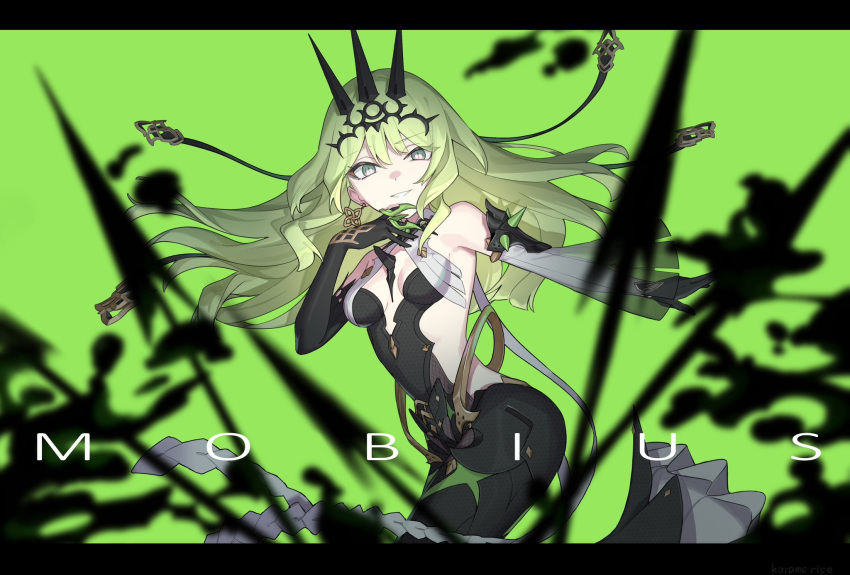 1girl asymmetrical_gloves bare_shoulders black_dress black_gloves character_name claw_ring crown detached_sleeves dress earrings gloves green_background green_eyes green_hair green_theme headpiece highres honkai_(series) honkai_impact_3rd jewelry karame_rise long_hair looking_at_viewer mismatched_gloves mixed-language_commentary mobius_(honkai_impact) sideless_outfit simple_background single_detached_sleeve single_earring single_sleeve sleeveless sleeveless_dress slit_pupils smile solo wavy_hair