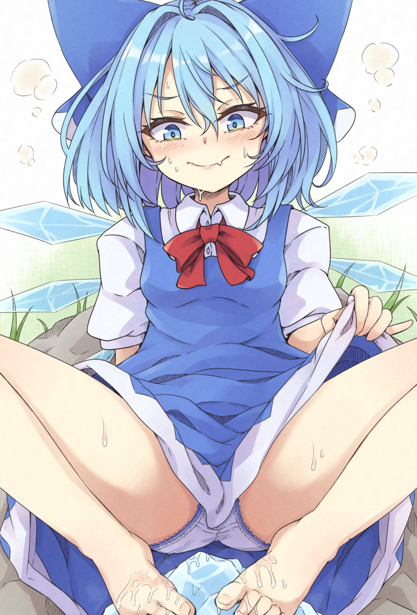 1girl bare_legs barefoot blue_bow blue_dress blue_eyes blue_hair blush bow breasts cirno clothes_lift dress dress_lift fang feet grass hair_between_eyes hair_bow highres ice ice_wings looking_down neko_mata outdoors panties pinky_out red_ribbon ribbon rock shirt short_sleeves sitting skin_fang soaking_feet solo sweat touhou underwear wet white_panties white_shirt wings