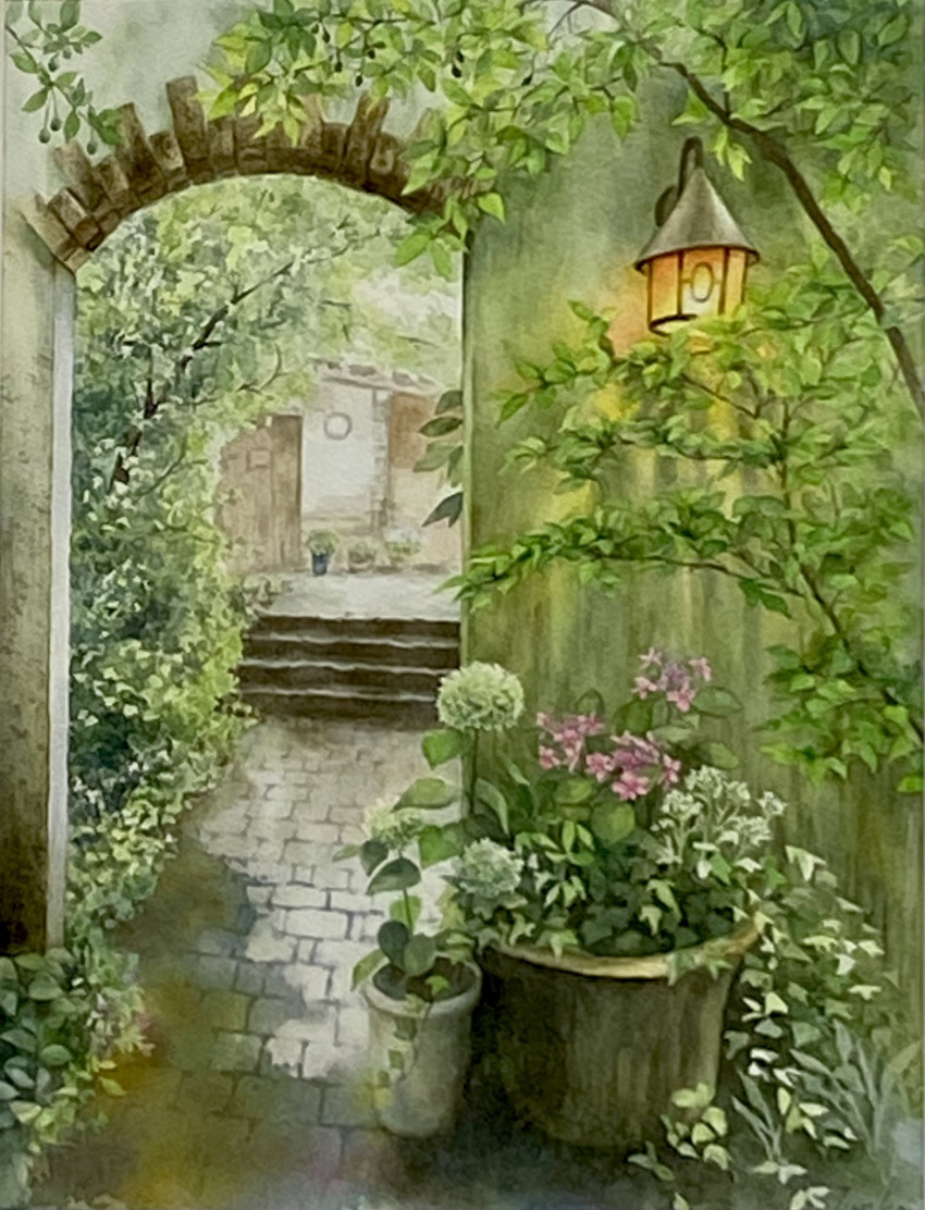 alley branch brick_floor flower highres no_humans original painting_(medium) pink_flower plant stairs traditional_media tree vines wall_lamp watercolor_(medium) white_flower yu_grassbird