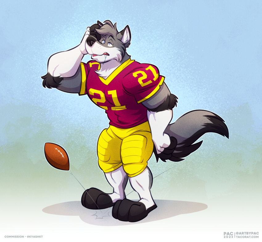 absurd_res anthro blue_eyes bodily_fluids canid canine canis confusion drooling football_gear football_jersey football_pants football_player football_uniform hi_res himbo jock kyash-tyur low_intelligence male mammal muscular open_mouth pac pecs saliva scratching_head solo sportswear tail thick_tail thick_thighs wolf