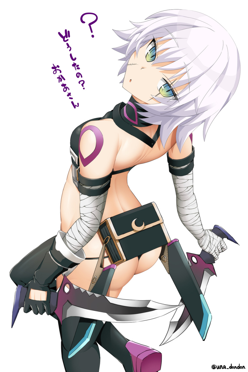1girl arm_belt ass back bandaged_arm bandages bare_shoulders black_panties black_thighhighs blush boots breasts crop_top dagger dual_wielding fate/apocrypha fate/grand_order fate_(series) gloves green_eyes hair_between_eyes head_tilt highres holding holding_dagger holding_knife holding_weapon jack_the_ripper_(fate/apocrypha) knife looking_at_viewer looking_back lowleg lowleg_panties open_mouth panties scar scar_across_eye scar_on_cheek scar_on_face sheath short_hair shoulder_tattoo simple_background single_glove slit_pupils small_breasts solo tattoo thigh_boots thighhighs translated unadon underwear weapon white_background white_hair