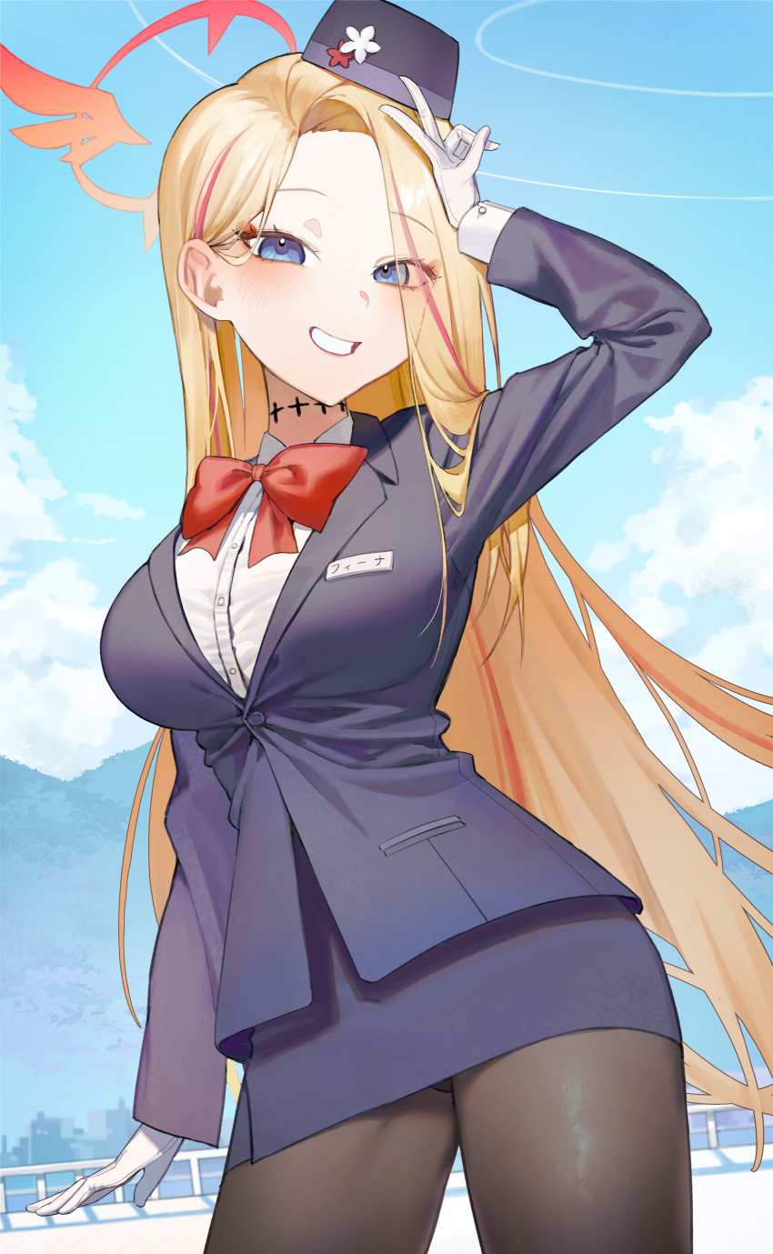 1girl absurdres black_hat black_pantyhose black_skirt blonde_hair blue_archive blue_eyes blush bow bowtie breasts collared_shirt cowboy_shot gloves grin hair_over_one_eye halo hat highres large_breasts long_hair long_sleeves looking_at_viewer may.l multicolored_hair official_alternate_costume pantyhose pina_(blue_archive) pina_(guide)_(blue_archive) red_bow red_bowtie red_hair red_halo shirt skirt smile solo streaked_hair tour_guide v white_gloves white_shirt