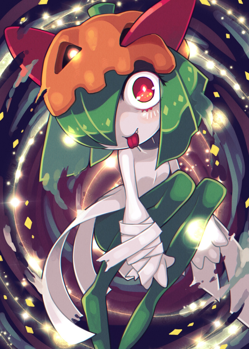 bandaged_arm bandages colored_skin fang green_hair hair_over_one_eye halloween halloween_costume highres horns ino_(tellu0120) kirlia looking_at_viewer multicolored_skin pink_eyes pokemon pokemon_(creature) pumpkin_mask sidelocks tongue tongue_out two-tone_skin white_skin