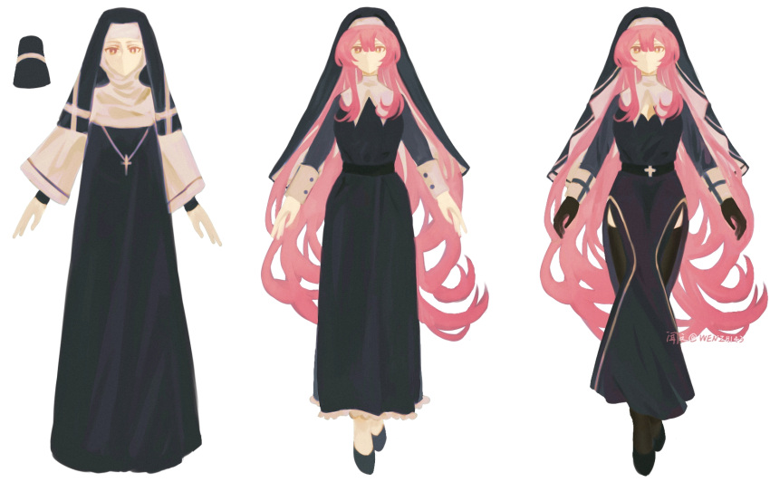 alternate_costume brown_gloves double-parted_bangs duel_monster exosister_martha full_body gloves hair_between_eyes highres long_hair looking_at_viewer nun pink_hair simple_background traditional_nun very_long_hair wen_zhi_(717256) white_background yellow_eyes yu-gi-oh!