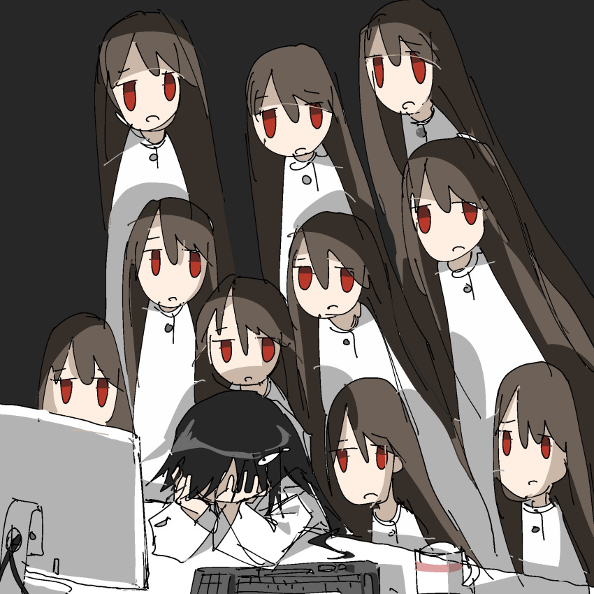 6+girls black_background black_hair brown_hair clone closed_mouth cup fish_hair_ornament hair_ornament hands_on_own_face highres keyboard_(computer) long_hair monitor multiple_girls original red_eyes simple_background tsukumizu_yuu upper_body very_long_hair