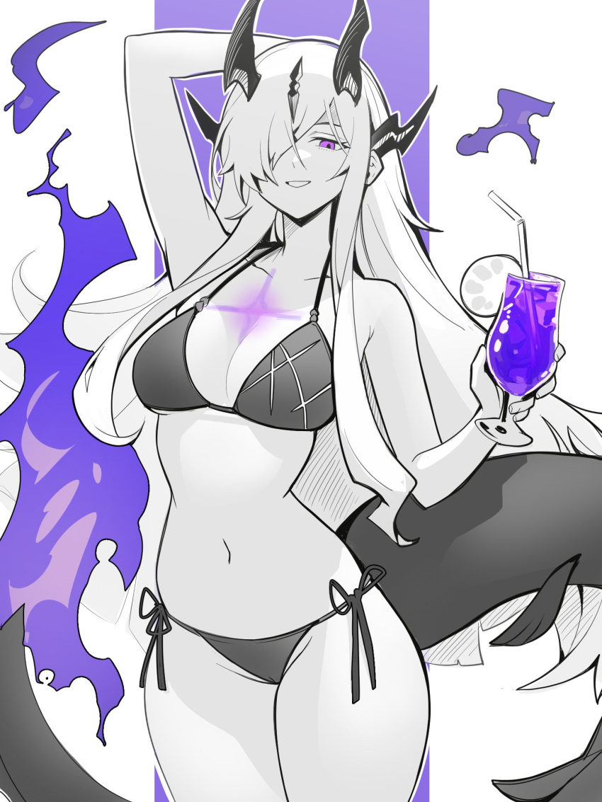 1girl arknights arm_up bikini breasts cameltoe cocktail_glass commission cup distr dragon_tail drinking_glass drinking_straw eblana_(arknights) english_commentary fire flame-tipped_tail glowing grin hair_between_eyes hair_over_one_eye highres holding holding_cup horns ice long_hair looking_at_viewer medium_breasts navel purple_eyes purple_fire side-tie_bikini_bottom simple_background smile solo straight_hair swimsuit tail very_long_hair