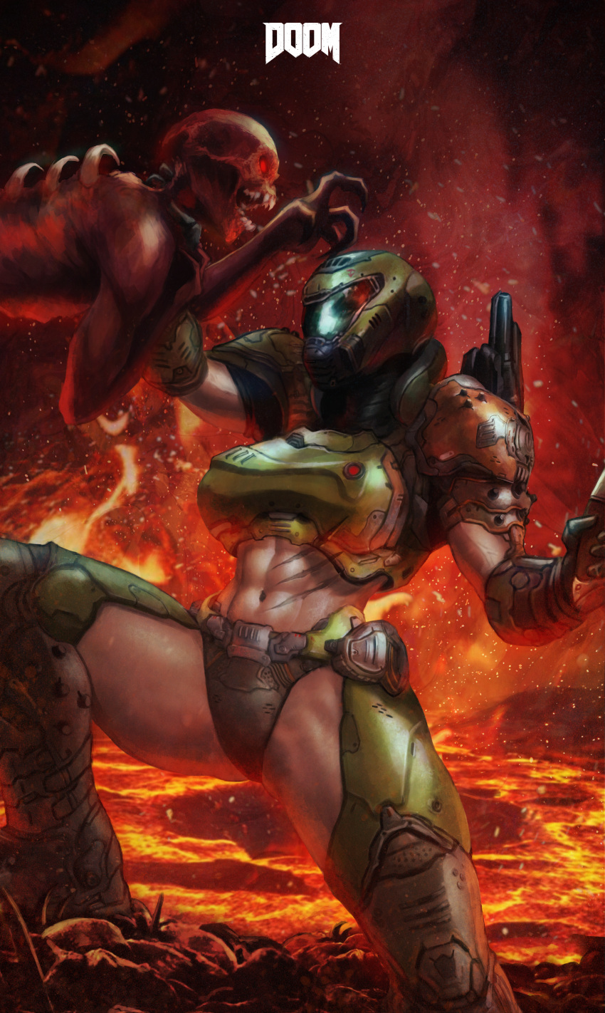1girl 1other abs absurdres adapted_costume armor armored_gloves bikini_armor boobplate breasts covered_face demon doom_(series) doom_eternal doomguy english_commentary genderswap genderswap_(mtf) glowing glowing_eyes gun hell helmet highres holding holding_gun holding_weapon imp_(doom) large_breasts leg_armor midriff monori_rogue muscular muscular_female navel paid_reward_available pauldrons praetor_suit red_eyes scar scar_on_stomach shotgun shoulder_armor shoulder_cannon solo space_marine thick_thighs thighs veins veiny_arms weapon