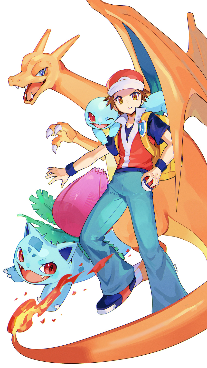 1boy absurdres backpack bag blue_eyes blue_pants brown_eyes brown_hair charizard claws colored_skin commentary fangs fire highres holding holding_poke_ball ivysaur male_focus one_eye_closed open_mouth orange_skin pants poke_ball poke_ball_(basic) pokemon pokemon_(creature) pokemon_frlg red_eyes red_hat short_hair simple_background squirtle super_smash_bros. tail v-shaped_eyebrows white_background wings yasaikakiage yellow_bag