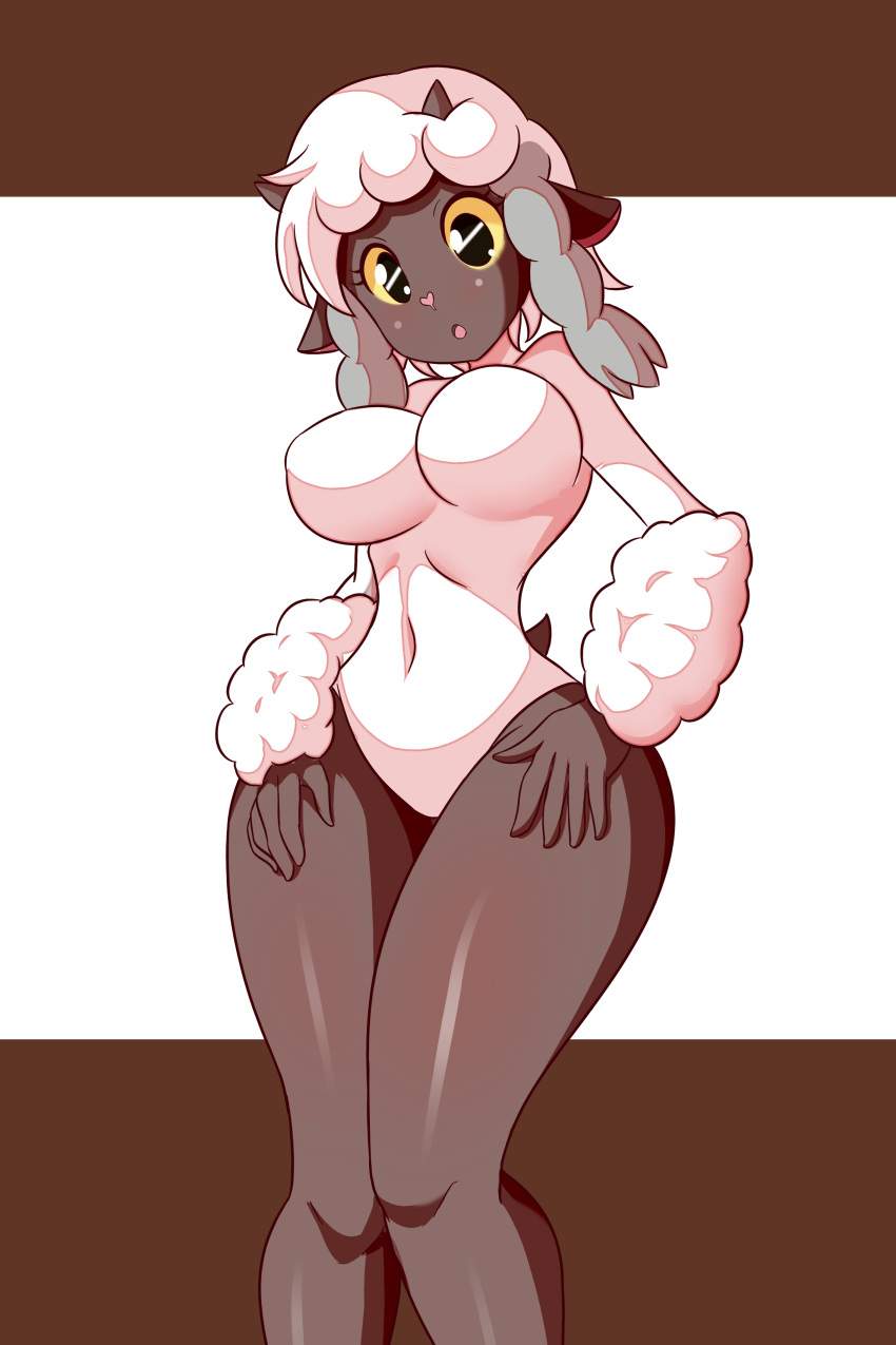 2019 5_fingers absurd_res anthro anthrofied big_breasts bovid breasts caprine dark_skin digital_media_(artwork) female hi_res horn low-angle_view lucyfercomic mammal navel nintendo open_mouth pok&eacute;mon pok&eacute;mon_(species) simple_background standing thick_thighs video_games wool wooloo yellow_eyes